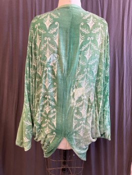 NL, Green, Silk, Leaves/Vines , Velvet, Round Neck, B.F., Batwing Sleeves, Fabric Covered Buttons Down Center, Mesh On Vines