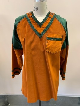 Mens, Historical Fiction Shirt, MTO, Burnt Orange, Forest Green, Suede, Color Blocking, 42, L/S, V-N, Patch Pocket Taped Onto Embroidery, Leather Suede Cording Trim, Polyester/Acetate Snap In Lining, Chrome Buttons With Compass Detailing **Stains On Back