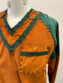 MTO, Burnt Orange, Forest Green, Suede, Color Blocking, L/S, V-N, Patch Pocket Taped Onto Embroidery, Leather Suede Cording Trim, Polyester/Acetate Snap In Lining, Chrome Buttons With Compass Detailing **Stains On Back