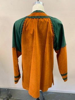 Mens, Historical Fiction Shirt, MTO, Burnt Orange, Forest Green, Suede, Color Blocking, 42, L/S, V-N, Patch Pocket Taped Onto Embroidery, Leather Suede Cording Trim, Polyester/Acetate Snap In Lining, Chrome Buttons With Compass Detailing **Stains On Back