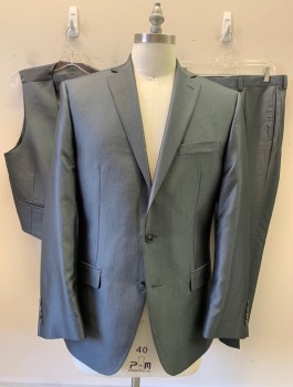 Mens, Suit, Jacket, CALVIN KLEIN, Blue-Gray, Polyester, Rayon, Herringbone, 40R, Shiny, 2 Button, Flap Pockets, Double Vent