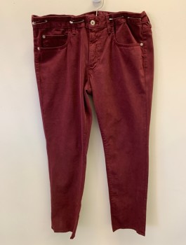 BONOBOS, Wine Red, Cotton, Elastane, Solid, Zip Front, Button Closure, 4 Pockets, Coin Pocket, Slim Fit