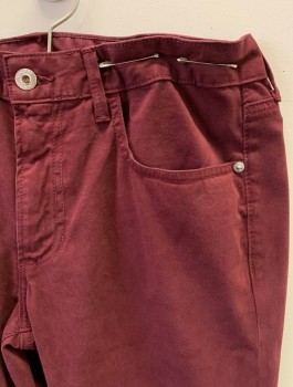 Mens, Casual Pants, BONOBOS, Wine Red, Cotton, Elastane, Solid, L32, W33, Zip Front, Button Closure, 4 Pockets, Coin Pocket, Slim Fit