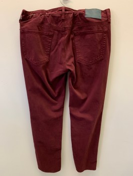 Mens, Casual Pants, BONOBOS, Wine Red, Cotton, Elastane, Solid, L32, W33, Zip Front, Button Closure, 4 Pockets, Coin Pocket, Slim Fit