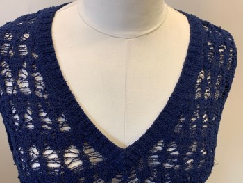 Womens, Pullover Sweater, RAG & BONE, Navy Blue, Nylon, Viscose, Solid, M, V-neck, Pullover, Slubbed Lace Knit, Long Sleeves,