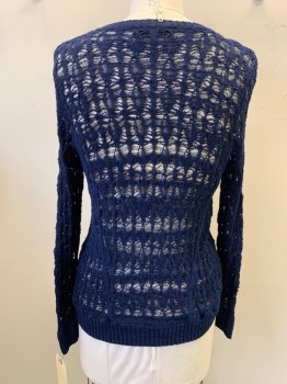 Womens, Pullover Sweater, RAG & BONE, Navy Blue, Nylon, Viscose, Solid, M, V-neck, Pullover, Slubbed Lace Knit, Long Sleeves,