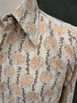 TOWNCRAFT, Off White, Dk Brown, Orange, Polyester, Cotton, Floral, Stripes, Off White Background with Brown/Orange Floral Stripes, Dotted Throughout, Button Front, Collar Attached, 1 Pocket, Long Sleeves, Button Cuff, 1970's