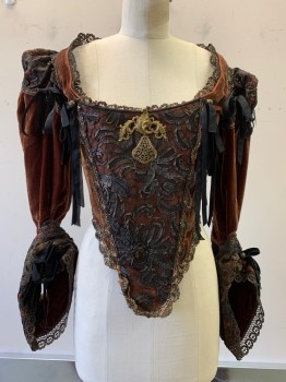 PERIOD CORSETS, Brown, Black, Bronze Metallic, Silk, Synthetic, BODICE- Panne Velvet, Black Lace Stomacher, 3/4 Sleeves End in Lace Cuffs, Puff at Shoulder, Lace Up CB, Bum Roll Needed