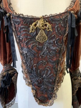 Womens, Historical Fict 3 Piece Dress, PERIOD CORSETS, Brown, Black, Bronze Metallic, Silk, Synthetic, W26, B34, BODICE- Panne Velvet, Black Lace Stomacher, 3/4 Sleeves End in Lace Cuffs, Puff at Shoulder, Lace Up CB, Bum Roll Needed