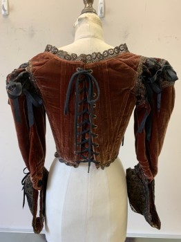 Womens, Historical Fict 3 Piece Dress, PERIOD CORSETS, Brown, Black, Bronze Metallic, Silk, Synthetic, W26, B34, BODICE- Panne Velvet, Black Lace Stomacher, 3/4 Sleeves End in Lace Cuffs, Puff at Shoulder, Lace Up CB, Bum Roll Needed
