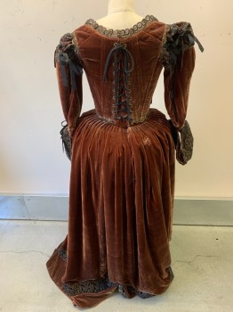 PERIOD CORSETS, Brown, Black, Bronze Metallic, Silk, Synthetic, BODICE- Panne Velvet, Black Lace Stomacher, 3/4 Sleeves End in Lace Cuffs, Puff at Shoulder, Lace Up CB, Bum Roll Needed