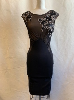 Womens, Cocktail Dress, LIPSY, Black, Beige, Polyester, Viscose, Color Blocking, 4, Layer of Black Mesh Over Beige Layer Top, See Through, Scoop Neck, Black Satin Floral Appliqué with Black Sequins and Beige Embroidery, Rounded Waist Panel, Zip Side, Knee Length