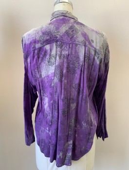 KHAZANA, Purple, Gray, Black, Cotton, Polyester, Tie-dye, Print, L/S, Button Front, Collar Attached, Chest Pocket