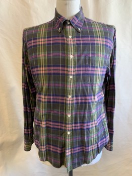 GANT, Green, Pink, Navy Blue, Yellow, Cotton, Plaid, L/S, Button Front, Button Down Collar,  1 Pocket, Back Yoke with Box Pleat CB