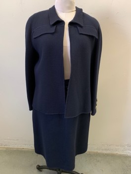 VALENTINO, Navy Blue, Wool, Solid, Collar Attached, 2 Faux Pockets, Open Front, 3 Black and Gold Trim Buttons Cuffs