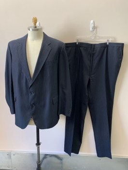 EAGLESONS, Navy Blue, Wool, Polyester, Stripes, Notched Lapel, Single Breasted, 2 Button, Pinstripe, 2 Flap Pockets, 2 Inside Pockets, 1/2 Lining In Back, Looks Gray In Close Up Photo
