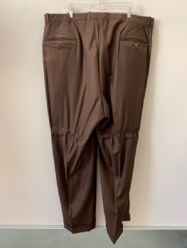 NO LABEL, Brown, Wool, Solid, Pleated Front, Side And Back Pocket, Zip Front, Belt Loops,