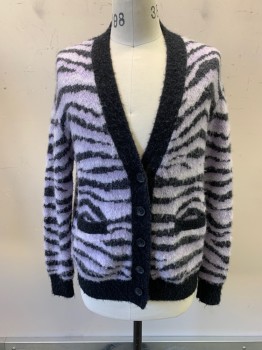Mens, Cardigan Sweater, RE/DONE, Lavender Purple, Charcoal Gray, Wool, Alpaca, Animal Print, XS, V-N, Button Front, 2 Pockets, Zebra Stripes