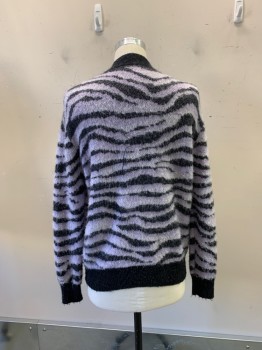 Mens, Cardigan Sweater, RE/DONE, Lavender Purple, Charcoal Gray, Wool, Alpaca, Animal Print, XS, V-N, Button Front, 2 Pockets, Zebra Stripes