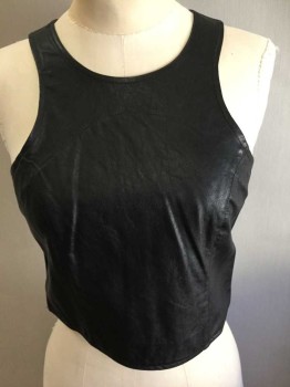 Womens, Top, ANGL, Black, Faux Leather, Solid, S, Sleeveless, High Round Neck,  Cropped Length, Princess Seams, Gold Zipper At Center Back