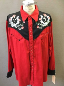 Mens, Western, SCULLY, Red, Black, Rose Pink, Green, Polyester, Cotton, Floral, Solid, XXL, Long Sleeves, Snap Front, Roses And Horseshoe Embroidery, Western Pockets, Piping, Double