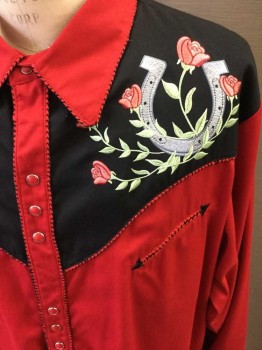 SCULLY, Red, Black, Rose Pink, Green, Polyester, Cotton, Floral, Solid, Long Sleeves, Snap Front, Roses And Horseshoe Embroidery, Western Pockets, Piping, Double