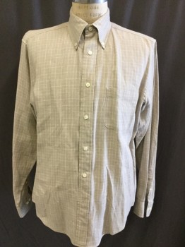 Mens, Casual Shirt, BROOKS BROTHERS, Beige, White, Linen, Check , L, Button Front, Button Down Collar,  Long Sleeves, 1 Pocket, Double,