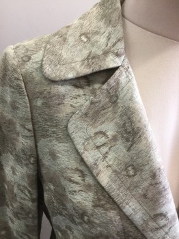 Womens, Blazer, ANNE KLEIN, Olive Green, Mint Green, Taupe, Ramie, Silk, Abstract , 10, Wispy Floral, Single Breasted, L/S, Rounded Collar With Notched Lapel, 1 Button,
