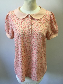 FOREVER 21, Peach Orange, Red, Olive Green, Polyester, Floral, Peach/orange with Small Tiny Red, Strawberry, Olive Floral Print, Solid Peach/orange Scallop Collar Attached, Puffy Short Sleeves Cuffs, 4 Button Front,