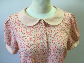 FOREVER 21, Peach Orange, Red, Olive Green, Polyester, Floral, Peach/orange with Small Tiny Red, Strawberry, Olive Floral Print, Solid Peach/orange Scallop Collar Attached, Puffy Short Sleeves Cuffs, 4 Button Front,