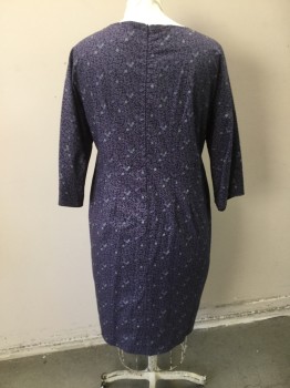 N/L, Navy Blue, Purple, Sea Foam Green, Cotton, Floral, Leaf Print on Cotton, Jewel Neck with Self Tie. 3/4 Sleeves. Center Back Zipper,