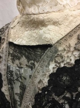 N/L, Black, Cream, Taupe, Silk, Solid, Black Sheer Lace Over Cream Silk, Long Sleeves, High Neck - Cream Lace Covered Stand Collar and Neck/Chest Panel (Almost Like A Dickie) with Square Neckline Below, Panels Of Taupe Lace with Black Lace Triangular Inset, Puffy Sleeves Gathered At Shoulders, Tapered At Cuffs, Floor Length Hem   **Lace Repaired At Shoulder,