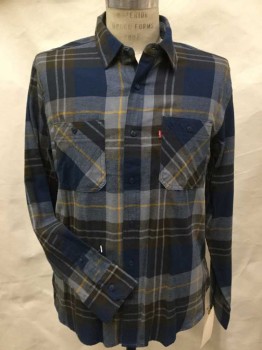 Mens, Casual Shirt, LEVI'S, Teal Blue, Brown, Gray, Yellow, Cotton, Plaid, M, (DOUBLE) Collar Attached, Button Front, Long Sleeves, 2 Pockets W/button