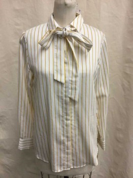 H&M, Cream, Gold, Viscose, Polyester, Stripes, Button Front, Long Sleeves, Collar Attached,  Neck Tie