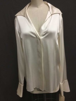 Lafayette 148, Cream, Silk, Solid, Hidden Button Placket, Long Sleeves, Button Front, Collar Attached