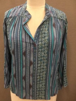 Womens, Blouse, TYSA, Multi-color, Blue, Teal Blue, Turquoise Blue, White, Rayon, Stripes - Vertical , Geometric, S, Long Sleeves, Band Collar, Deep V Notch at Center Front Neck, Flared Sleeves, Pullover, Gathered at Shoulder Yoke