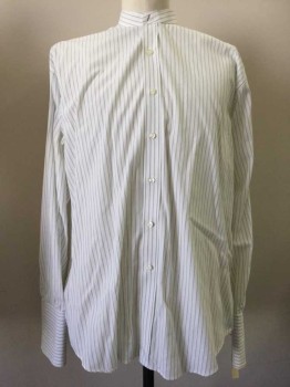 VINTAGE SHIRT CO, White, Lt Blue, Brown, Cotton, Stripes, White with Lt Blue/brown Stripes, Button Front, Collar Band, Long Sleeves,