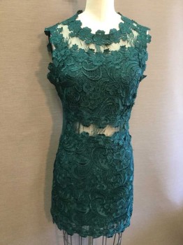 Womens, Cocktail Dress, TOPSHOP, Teal Green, Cotton, Synthetic, Floral, 2, Teal Green Lace with Green Lining, Round Neck,  Sleeveless, Zip Back