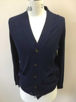 Mens, Cardigan Sweater, J CREW, Navy Blue, Wool, Solid, Medium, 5 Buttons, 2 Pockets, Fitted/Slim Fit,