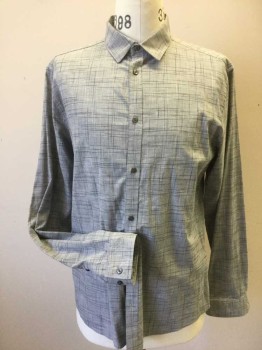 H & M, Lt Gray, Charcoal Gray, White, Cotton, Novelty Pattern, Long Sleeves, Collar Attached, Button Front,