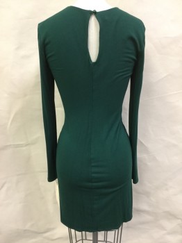 Womens, Dress, Long & 3/4 Sleeve, BEBE, Forest Green, Rayon, Viscose, Solid, S, Round Neck,  Long Sleeves, Key Hole, Twist Knot at Waist with Skirt Drape, Gold Bead Center Front Neck, Button Loop Back Neck