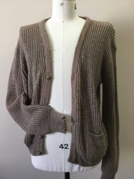 Mens, Cardigan Sweater, HUDSON, Lt Brown, Gray, Acrylic, Heathered, L, V. Neck, Chunky Knit, Long Sleeves,. Aged with Shredded Ages and Hole in Right Elbow