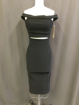 Womens, Cocktail Dress, LOVE COUTURE, Black, Polyester, Solid, 24, 30, Drop Sleeve Straps, Open Horizontal Slits at Upper Torso, Back Zipper, Body Contour, Below Knee