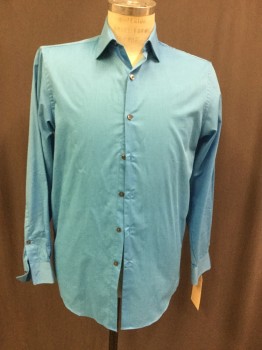VAN HEUSEN, Turquoise Blue, Poly/Cotton, Solid, Button Front, Collar Attached, Long Sleeves,