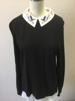 TED BAKER, Black, White, Multi-color, Cotton, Polyester, Solid, Novelty Pattern, Knit Black Long Sleeves, Pullover, White Round Collar Attached with Multicolor Floral and Hummingbird Embroidery, White "Shirt" Tails Peaking Through at Hem, 1 Clear Jeweled Button at Center Back Neck