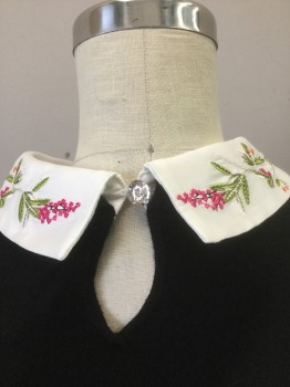 Womens, Top, TED BAKER, Black, White, Multi-color, Cotton, Polyester, Solid, Novelty Pattern, M, Knit Black Long Sleeves, Pullover, White Round Collar Attached with Multicolor Floral and Hummingbird Embroidery, White "Shirt" Tails Peaking Through at Hem, 1 Clear Jeweled Button at Center Back Neck