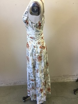 HAUTE HIPPIE, White, Rust Orange, Slate Blue, Sage Green, Black, Silk, Floral, V-neck, Tank Style Top, Back Zipper, A-line, White Double Canvas Waist Straps with Shoe Lace Side Lacing, White Lining