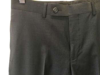 CALVIN KLEIN, Charcoal Gray, Wool, Lycra, Solid, Flat Front, Button Tab, 4 Pockets,