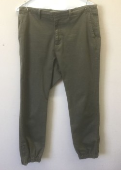 Womens, Pants, VELVET, Olive Green, Cotton, Solid, 6, Twill, Jogger Style Pants with Elastic Cuffs, Zip Fly, 4 Pockets, Zippers at Hems