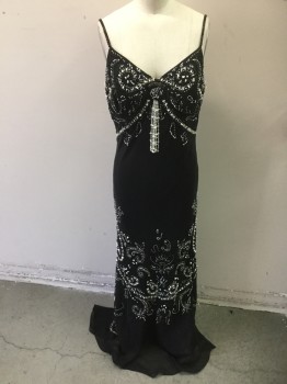 Womens, Evening Gown, ASPEED, Black, White, Polyester, Rayon, W30, B36, H38, Beaded Spaghetti Straps, Bias Cut, Beaded with Seed Beads, Small Bugle Beads, and White Shells, Side Zipper, Tassel at Bust